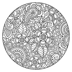 Outline round flower pattern in mehndi style for coloring book page. Antistress for adults and children. Doodle ornament in black and white. Hand draw vector illustration.