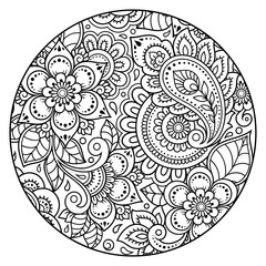 Outline round flower pattern in mehndi style for coloring book page. Antistress for adults and children. Doodle ornament in black and white. Hand draw vector illustration.