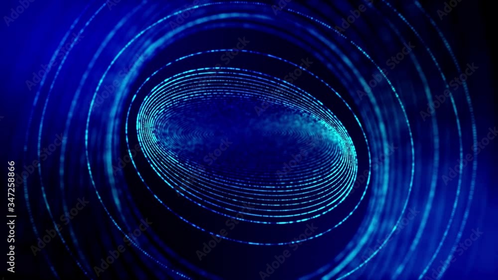 Poster 4k seamless looped science-fiction blue background with radial structures, particles oscillate and m