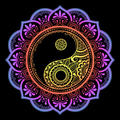 Color Circular pattern in form of mandala with ancient hand drawn symbol Yin-yang for decoration. Decorative ornament in oriental style. Rainbow design on black background.