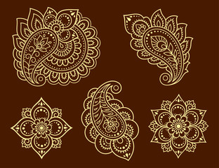 Set of Mehndi flower pattern for Henna drawing and tattoo. Decoration in ethnic oriental, Indian style. Doodle ornament. Outline hand draw vector illustration.