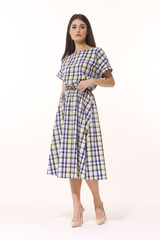 Indian brunette business woman executive posing in checkered short sleeve dress full body length isolated on white