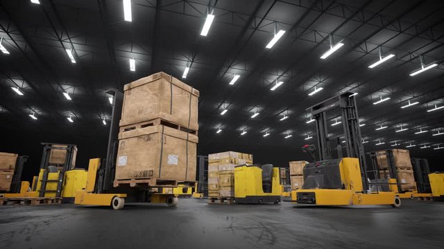 Warehouse machines standing still turned off inside empty storage space.