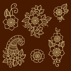 Set of Mehndi flower pattern for Henna drawing and tattoo. Decoration in ethnic oriental, Indian style. Doodle ornament. Outline hand draw vector illustration.