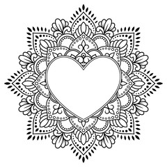 Circular pattern in form of mandala with frame in shape of heart. Decorative ornament in ethnic oriental mehndi style. Outline doodle hand draw vector illustration. Antistress coloring book page.