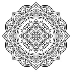 Circular pattern in form of mandala with flower for Henna, Mehndi, tattoo, decoration. Decorative ornament in ethnic oriental style. Outline doodle hand draw vector illustration.