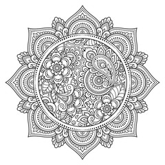 Circular pattern in form of mandala with flower for Henna, Mehndi, tattoo, decoration. Decorative ornament in ethnic oriental style. Outline doodle hand draw vector illustration.