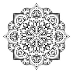 Circular pattern in form of mandala with flower for Henna, Mehndi, tattoo, decoration. Decorative ornament in ethnic oriental style. Outline doodle hand draw vector illustration.