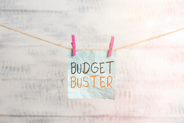 Writing note showing Budget Buster. Business concept for Carefree Spending Bargains Unnecessary...