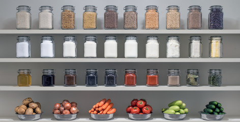 Groceries on Shelf. Supermarket Store Shelf With  Grocery and Vegetables.