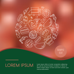 Fast food icons circle design template. Outline vector illustration on red blured background.