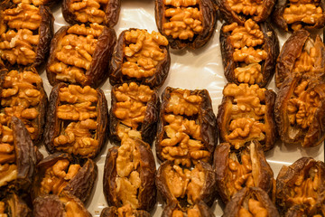 Counter with various dried fruits on the Grand Bazaar in Istanbul, Turkey