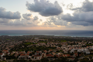 Naklejka premium Seascape. The sea beneath the pink and blue clouds. Cyprus.