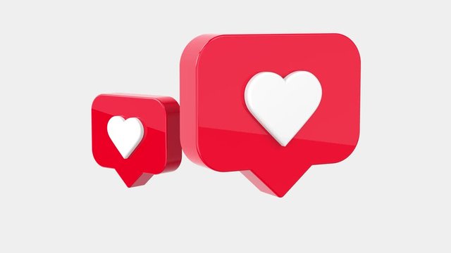Instagram Red Icons Heart Like Notification on a white background with alpha matte, Green Screen. Social media likes. 4K 3D Rendering Animation
