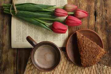 cocoa book flowers, tulips with a book, cocoa
