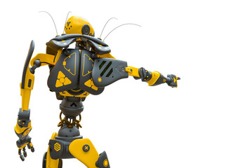 skull bot is pointing the way in a white background rear view