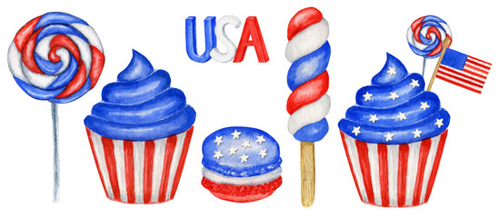Obraz premium 4th of july Watercolor patriotic cupcake macaron in colors of the USA flag. For sweet cake american design compositions, Independence Day of America, Flag, Memorial Day party celebration decor concept