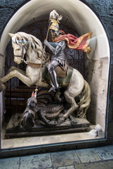 BETHLEHEM, PALESTINE - January 28, 2020. Church of the Nativity in Bethlehem. Sculpture of St....