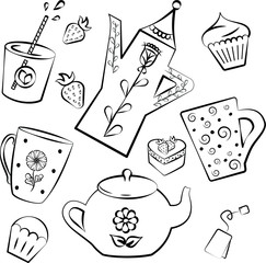 Set of illustrations with drinks and sweets.