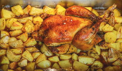 Whole baked chicken with onion, herbs and potatoes
