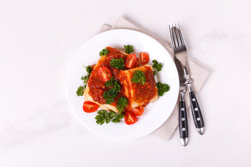 traditional Mexican cuisine chimichanga. Corn cake with minced meat, pepper, onion, garlic, oregano and marinara sauce