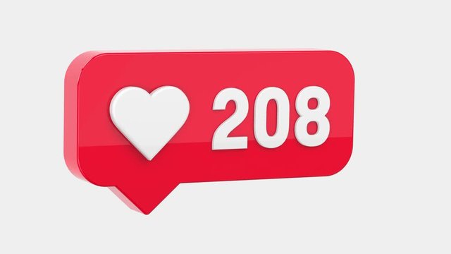 Instagram Red Icon Like Counter Notification on a white background with alpha matte, Green Screen. Social media likes. 4K 3D Rendering Animation