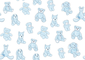 Teddy bears, hare and dogs stuffed hand maade toys. Seamless pattern. Colored vector illustration. Isolated on white background.