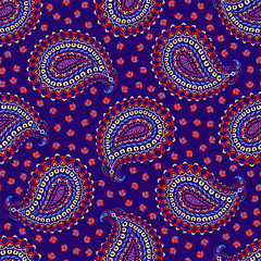 Seamless pattern based on traditional oriental paisley elements, Indian, Turkish, Persian cucumber. Suitable for textiles, fabrics, wallpapers, wrapping paper. Vector illustration.