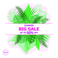 Tropic covers set. Tropical leaves banners background. Exotic botanical design. Modern Sale flyer in Vector. Summer sale banner. Big sale advertisement