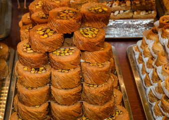 Traditional baklava sweet dessert delights, cataif pastry. Fresh Food Buffet Brunch