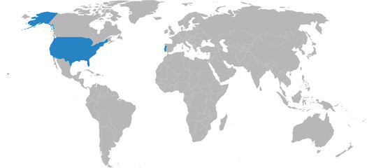 Portugal, USA countries isolated on world map. Light gray background. Business, political, trade and tourism.