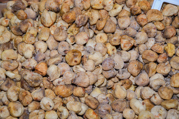Counter with various dried fruits on the Grand Bazaar in Istanbul, Turkey