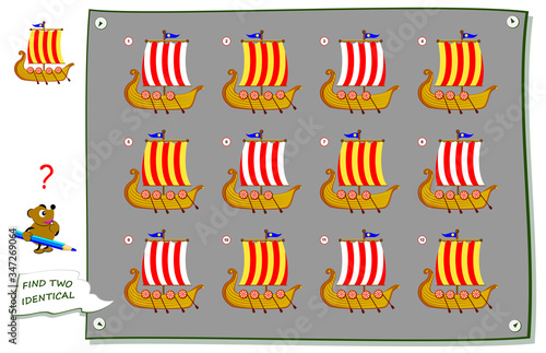 logic puzzle game for children and adults find two identical viking ships printable page for kids brain teaser book developing counting skills flat vector illustration online education iq test wall mural nataljacernecka