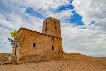 Greece. Halkidiki Peninsula. Stone tower. The ancient tower. Observation tower in Greece. Travel around the peninsula of Halkidiki. Guide to castles of Greece. Holidays in southern Europe