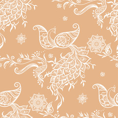 Eastern ethnic style compositions, mehendi, traditional indian henna floral ornament with peacock. Seamless pattern, background in beige and white colors. Vector illustration..