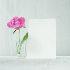 Peony flowers decoration and invitation card. Greeting card and white provence interior.