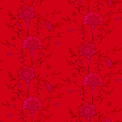Eastern ethnic style compositions, mehendi, traditional indian henna floral ornament. Seamless pattern, background. Vector illustration in red.