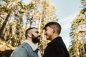 Gay couple in love at the forest