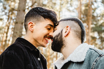 Gay couple in love at the forest