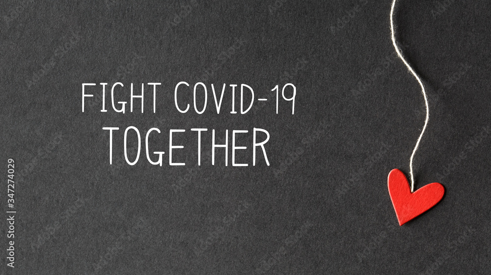 Wall mural Fight Covid-19 Together message with handmade small paper hearts - Wall murals