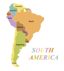 Highly detailed map of the continent of South America. Colored silhouette with borders and country names. Brazil and Argentina and Colombia and Peru and Chile and Ecuador. Vector graphics.