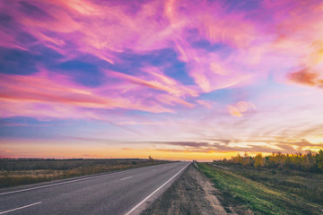 highway on the background of a colorful beautiful sunset