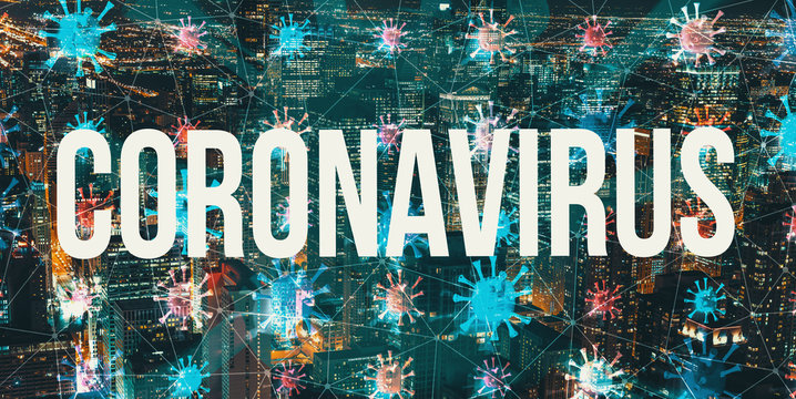 Coronavirus theme with night cityscape and floating viruses - Powered by Adobe