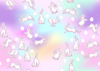 Fototapeta na wymiar Seamless pattern with a white hares, colored eggs for easter. Colored vector illustration. In light ultra violet pastel colors on mesh pink, blue background.