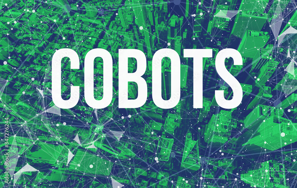 Poster cobots theme with abstract network patterns and manhattan ny skyscrapers