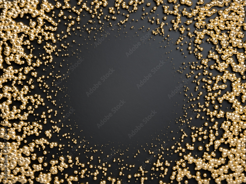 Poster 3d render of golden frame made with golden spheres on black background. perfect image for placing yo