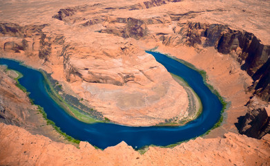 Lake Powell panoramic view from above, man-made reservoir Horseshoe Bend of the Colorado River,...