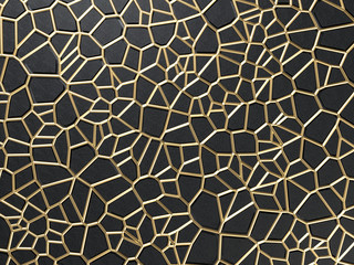 3d render of golden cracks on black background. Golden metal mesh or grid on black backdround