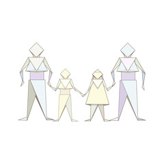 Gay family with kids made as origami on white isolated background, vector illustration for prints on clothes, booklets, making logos of companies or departments in Social Life or Equal Rights topic.
