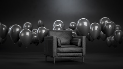 3d render of leather armchair or sofa in black room with black balloons. Dark interior with furniture and air balloons